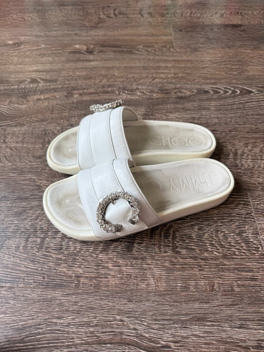 Jimmy Choo White Crystal Buckle Leather Slides Size 41